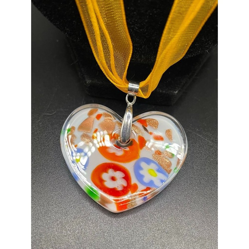 Clear Acrylic Floral Pattern Heart Shape Pendant Yellow Cord & Ribbon Necklace